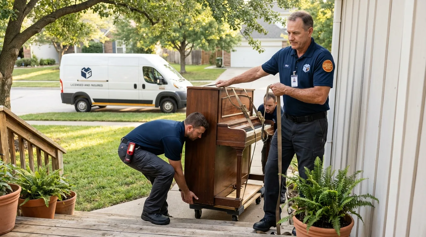 Licensed piano movers securing grand piano in Port Townsend, WA