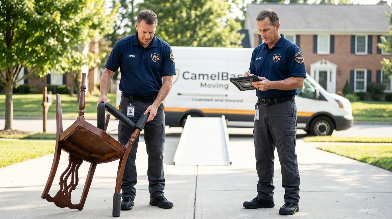 Movers inspecting furniture for damage prevention before loading in Port Townsend, WA