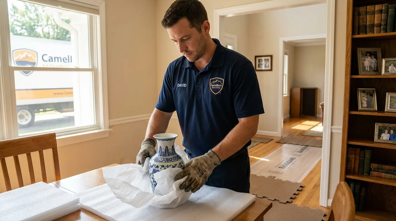 Professional crew carefully wrapping antique vase for senior downsizing move in Port Townsend, WA